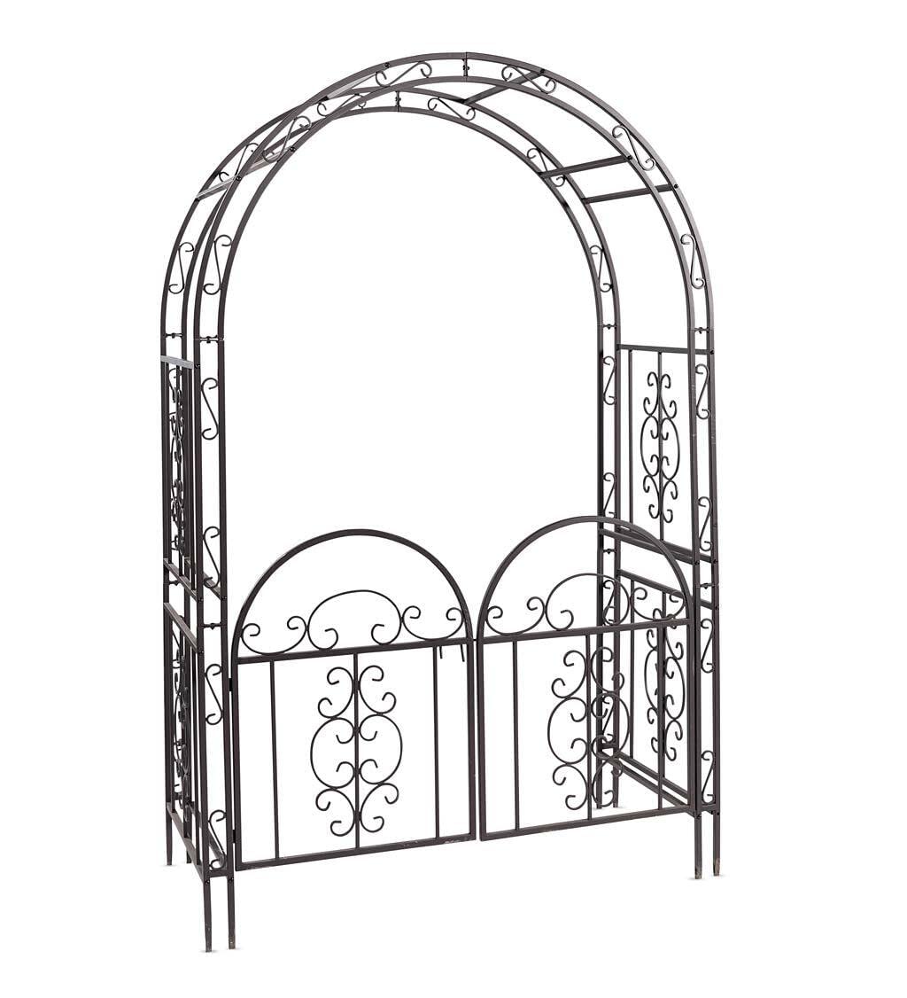 Plow & Hearth Arch Metal Outdoor Garden Arbor Double Gate | Montebello | 84" H x 53" W x 23" D | Gunmetal Black | Trellis Lattice Climbing Plants Plow & Hearth