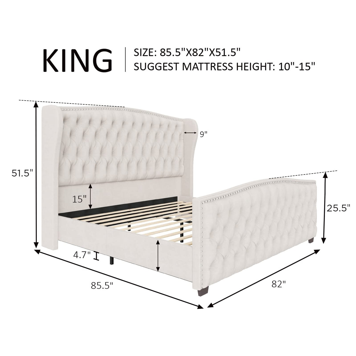 AMERLIFE King Size Platform Bed Frame, Velvet Upholstered Bed with Deep Button Tufted & Nailhead Trim Wingback Headboard/No Box Spring Required/Cream AMERLIFE