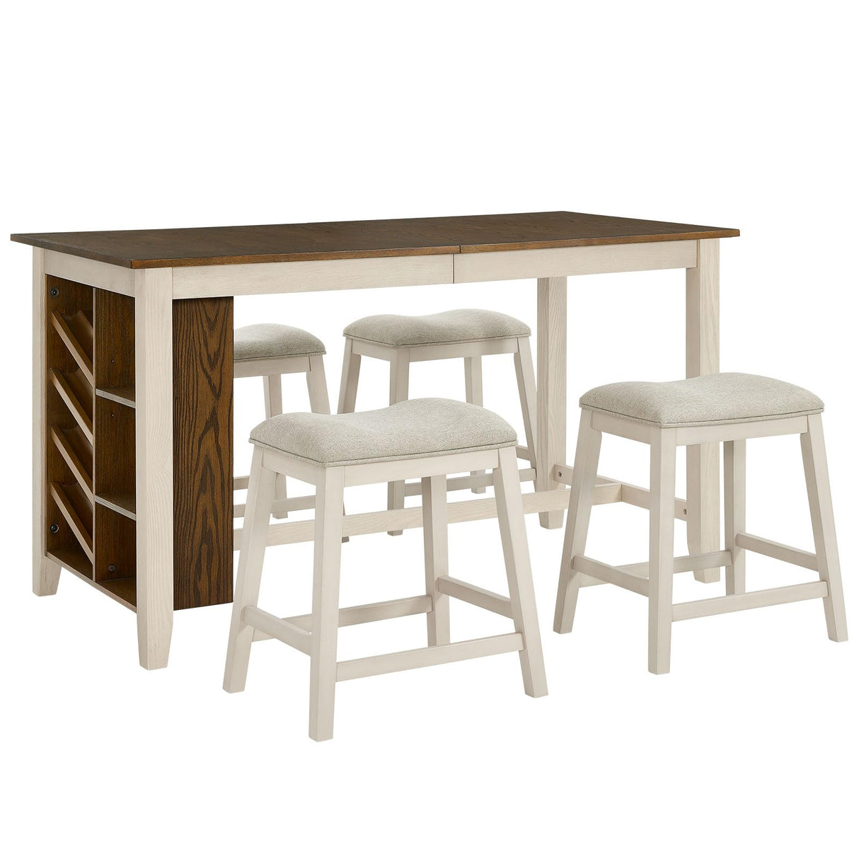 AMERLIFE 5-Piece Solid Wood Counter Height Kitchen Island Table Set with Storage, Farmhouse Dining Table & Upholstered Stools, Rustic Brown & White AMERLIFE