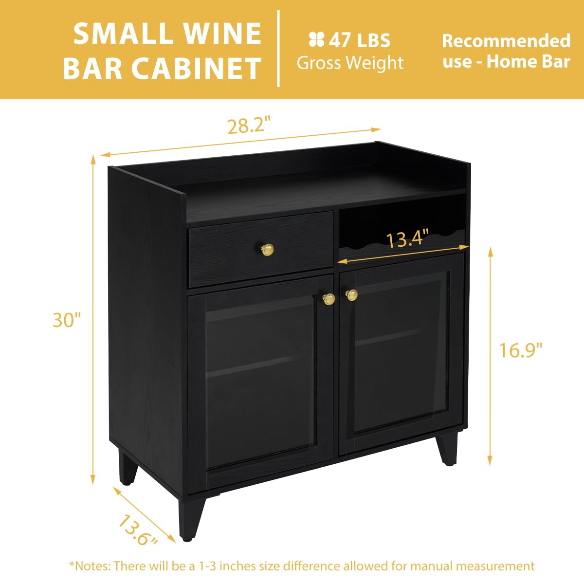 COCO DESIGN Small Bar Cabinet, Black Modern Liquor Wine Cabinet with Storage with Led Light for Home, Farmhouse Buffet Coffee Sideboard with Glass Door & Wavy Wine Rack for Kitchen COCO DESIGN