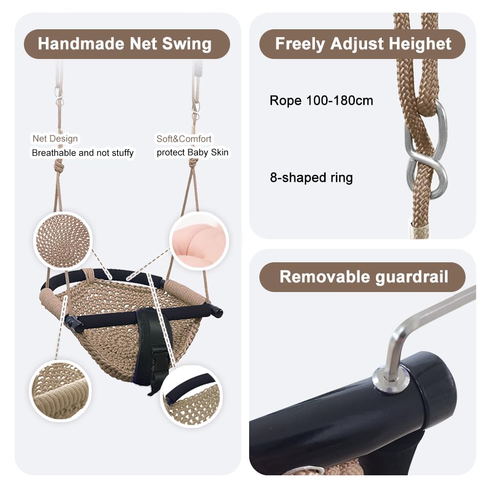 nets Tribe 2 -in- 1 Toddler Swing. Swing Seat for Kids with Adjustable Ropes, for Kids Heavy Duty Rope Play Secure Children Swing Set, for Outdoor Indoor, Backyard. Upgrade Product (Light Brown) nets Tribe