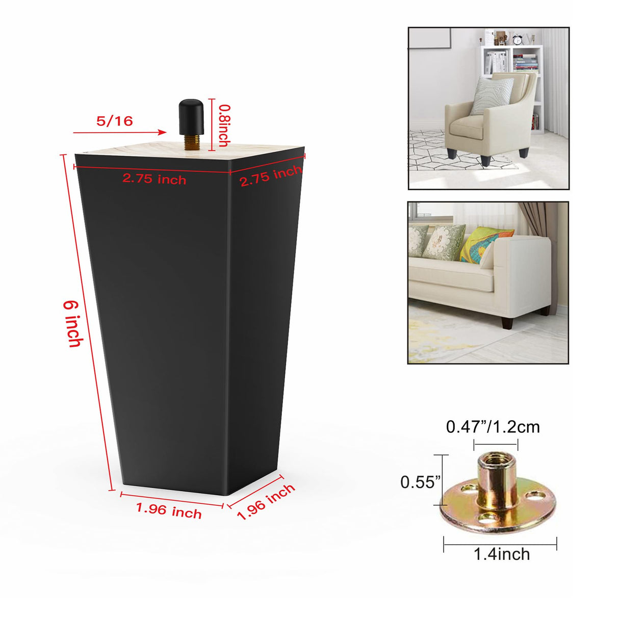 SHANJUE Black Sofa Legs-Furniture Legs 6 inch,Square Couch Legs Pack of 4- Wood Furniture feet,Sofa Replacement Parts,Wooden Chair Legs,for Furniture or DIY Projects SHANJUE