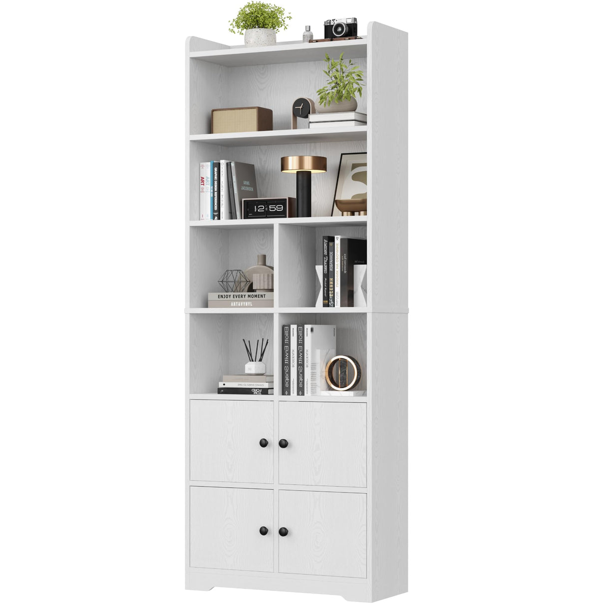 IRONCK Bookshelves and Bookcases with 4 Doors, 6-Tier Bookshelf with Storage Shelves 74.6 in Tall Bookcase for Home Office, Living Room, Bedroom, White IRONCK