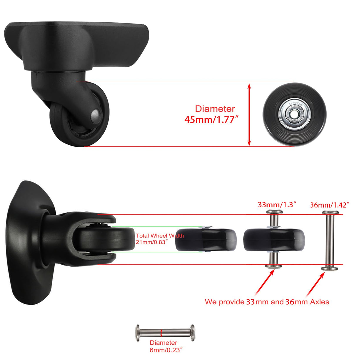 OwnMy 45mm x 18mm Luggage Suitcase Replacement Wheels, Rubber Swivel Caster Wheels Bearings Repair Kits, A Set of 4 OwnMy