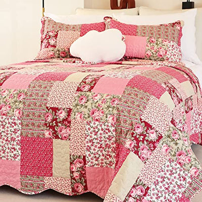 Cmfshape Summer Floral Queen Quilted Bedspread,Romantic Pink Quilt Set Full,Reversible Stitched Bedding Set All Season,Soft Lightweight Coverlet with Pillow Cases (Hot Pink&Rose, Queen90 x90)