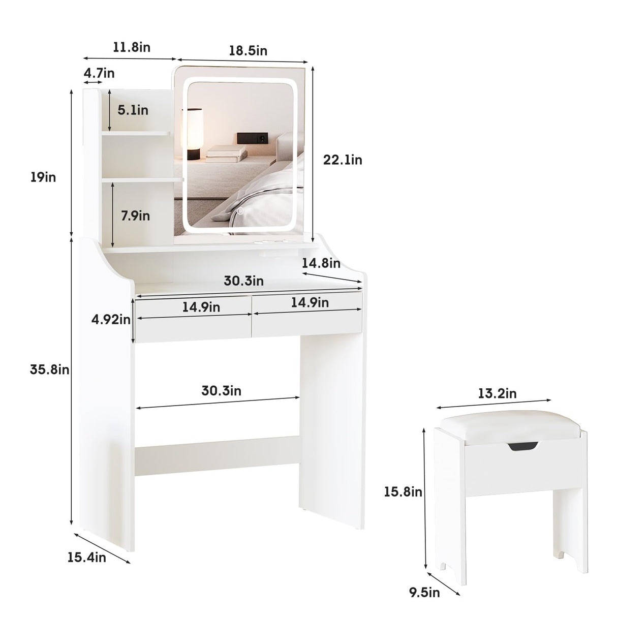 Vabches Vanity Desk with LED Light Mirror and Charging Station 30.3in, Small Vanity Set with 4 Storage Shelves 2 Drawers, Vanity for Girls Women with Storage Stool, Vanity Table for Bedroom (White) Vabches