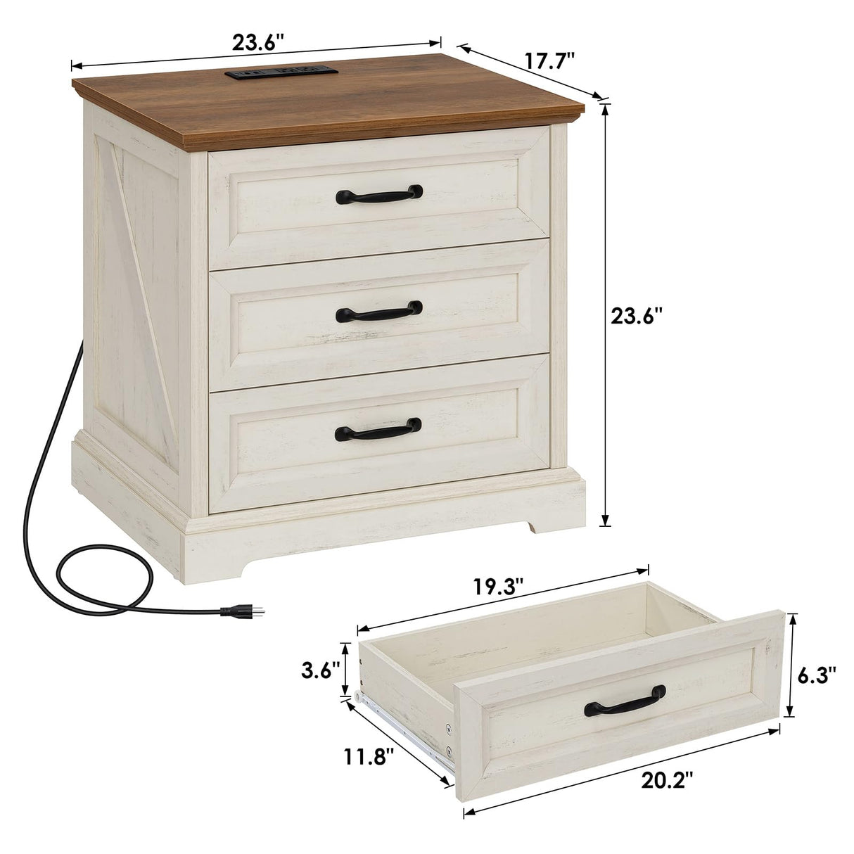 HOMMPA 24'' Farmhouse Nightstand with Charging Station, Bedside Tables with Storage, Side Table with USB Port, 3 Drawers End Table Dresser, Wood Night Stand for Bedroom, Living Room, Rustic White HOMMPA