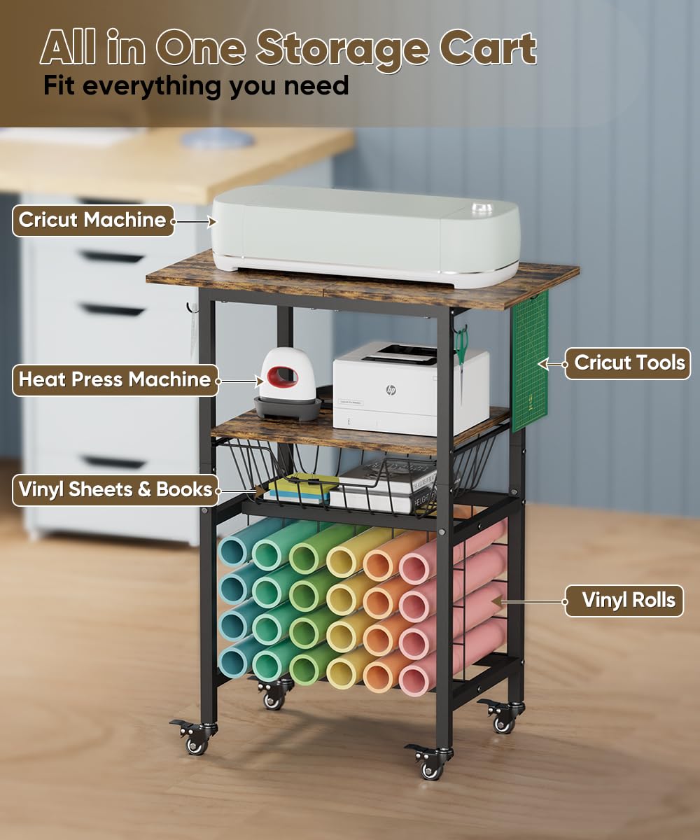 Queension Craft Cart with Wheels Compatible with Cricut Machines, Craft Organization and Storage Stand with Craft Table for Cricut Accessories, Rolling Storage Cart with 24 Vinyl Roll Hollers,Black Queension