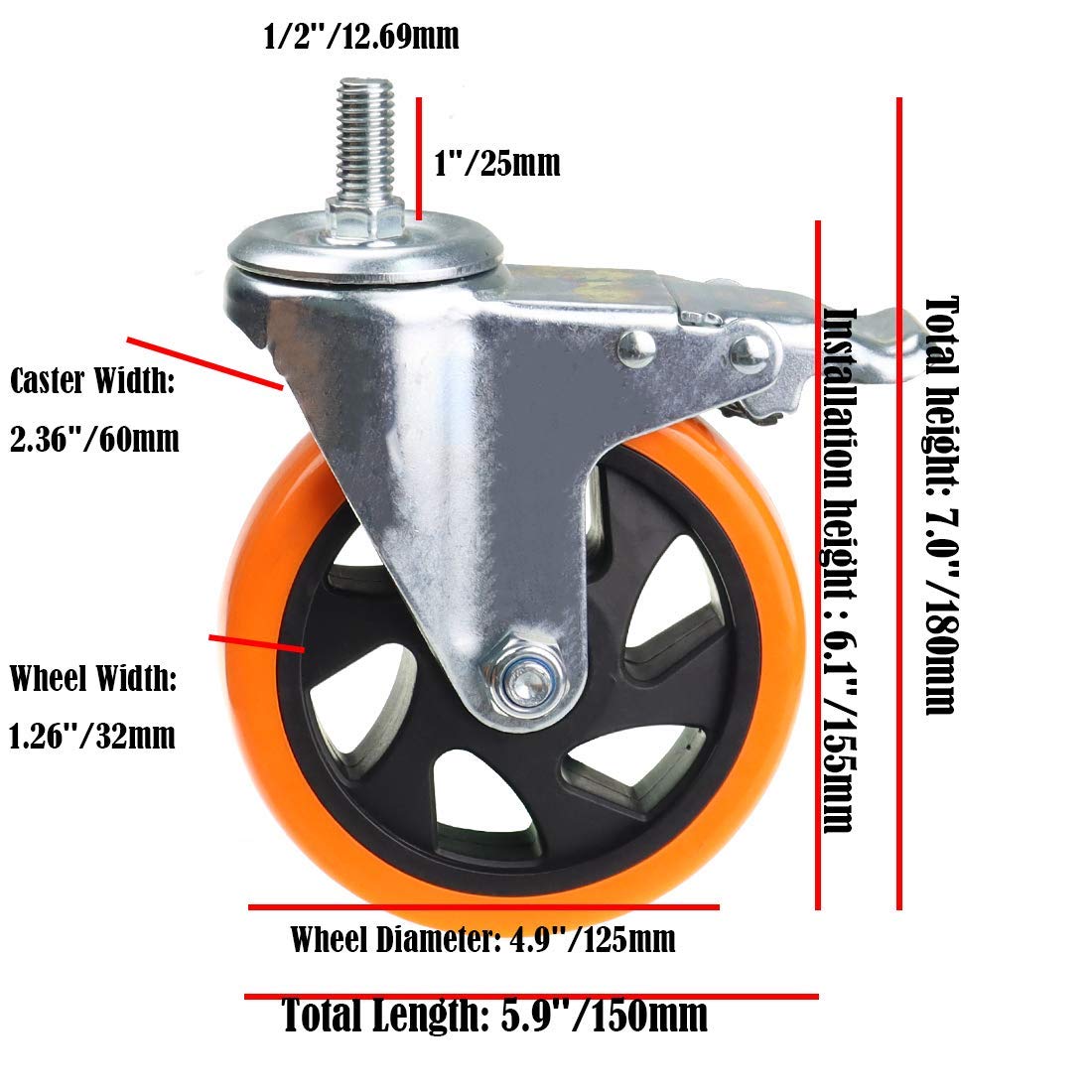 Stem Casters Heavy Duty Swivel Threaded Stem Caster Wheels with American Size 1/2''-13x1'' Thread Dual Locking Wheel with Brakes Pack of 4 (5 inch, with Brake) AOCHENLY