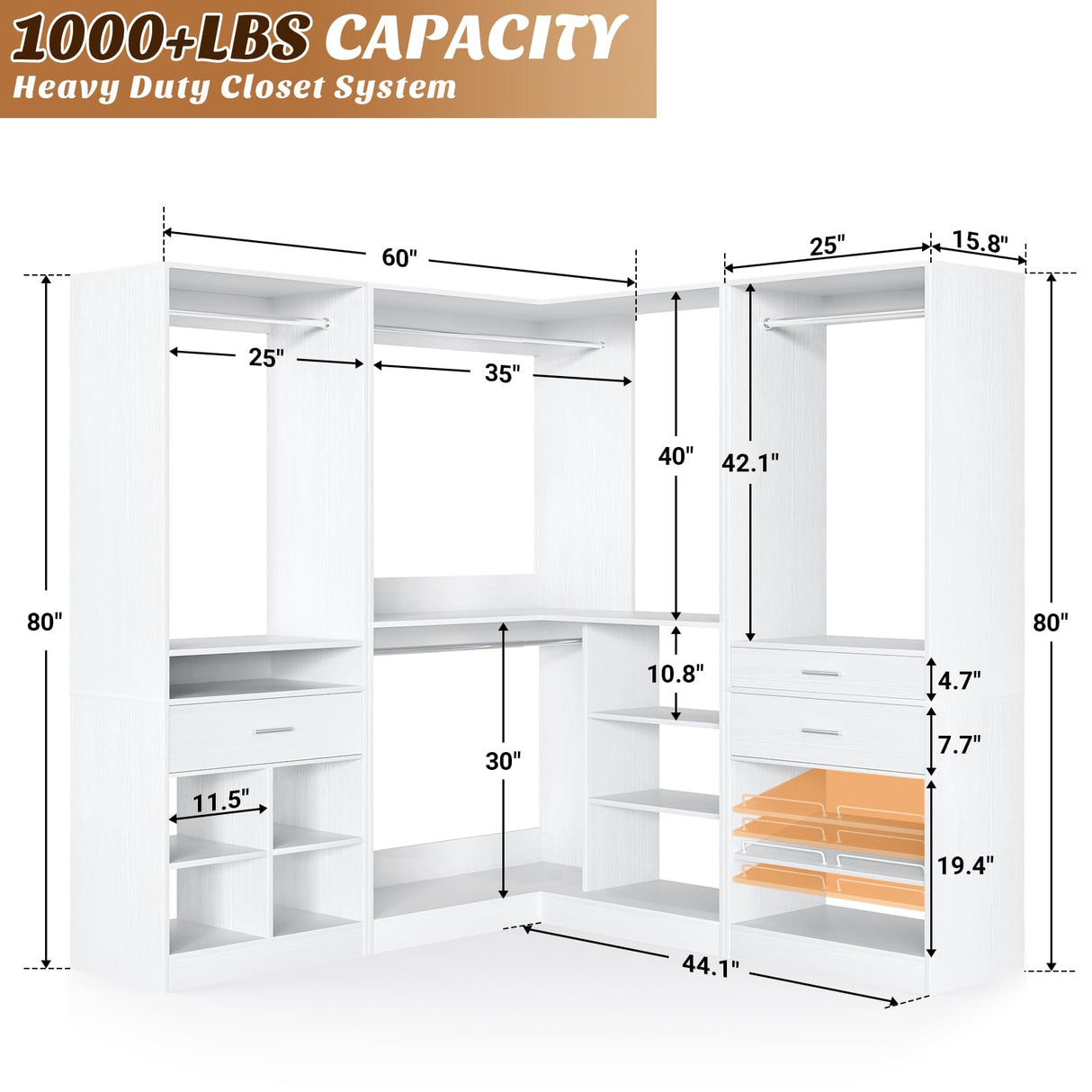 Unikito 86” Corner Closet System, Modular Closets Organizer with 4 Hanging Rods and Storage Shelves, Freestanding Adjustable Wood Clothes Garment Rack with Drawers, Sturdy Walk in Closet Tower, White Unikito