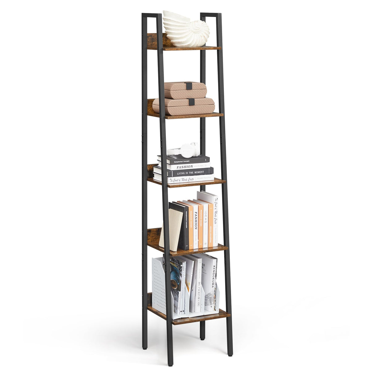 VASAGLE Bookshelf, 5-Tier Narrow Book Shelf, 11.8 x 13.3 x 66.9 Inches, Ladder Shelf for Home Office, Living Room, Bedroom, Kitchen, Rustic Brown and Ink Black ULLS109B01 VASAGLE