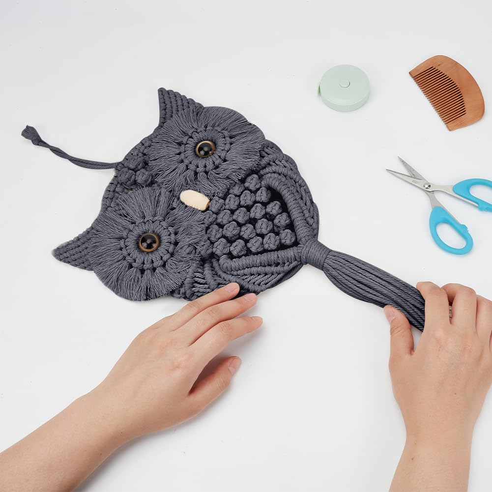 FREEBLOSS DIY Macrame Owl Kit Macrame Tapestry Wall Hanging 90m Cotton Cords Macrame Kit for Beginners with Video Tutorial Macrame Wall Art for Bedroom Decor, Gray FREEBLOSS