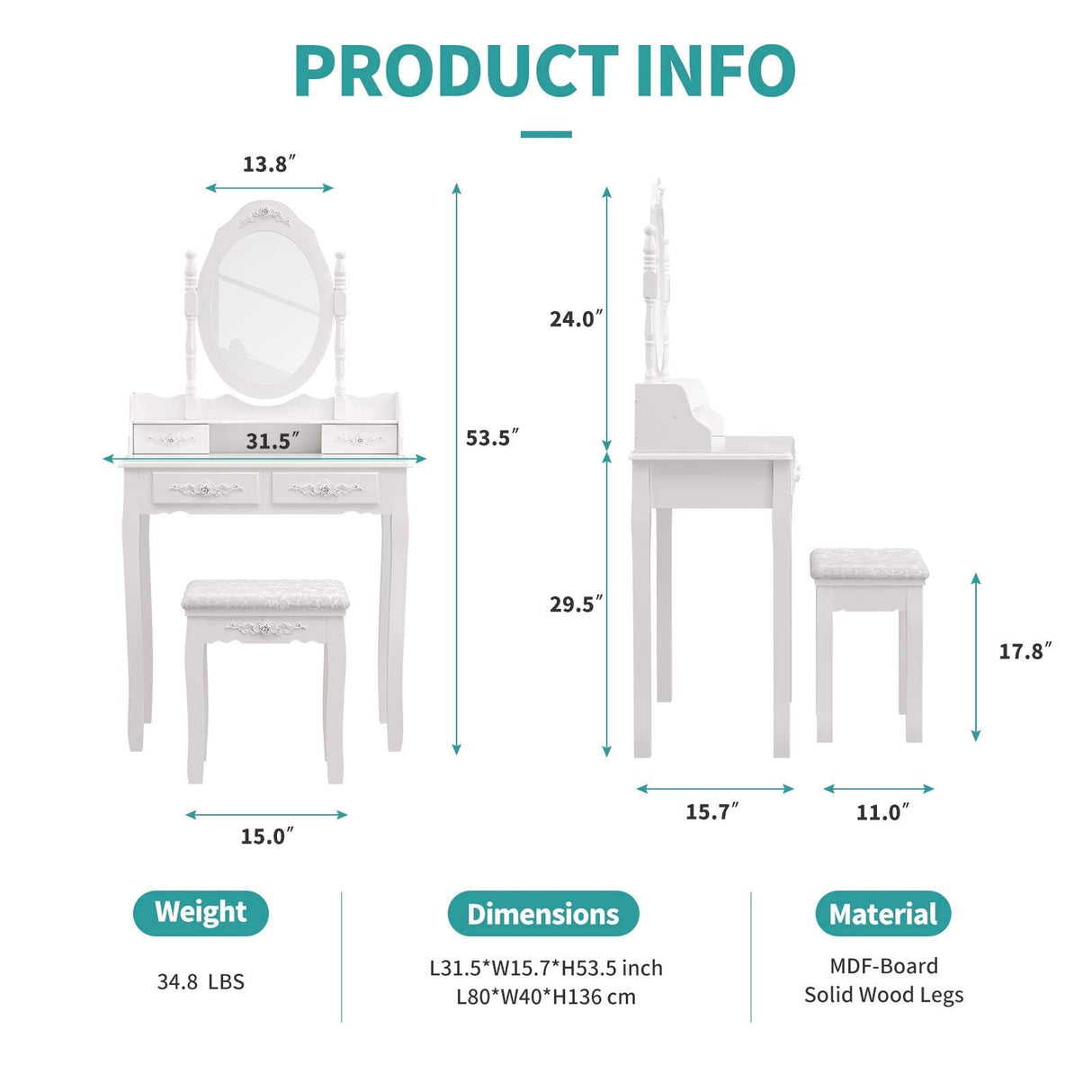 Alohappy Makeup Vanity Set with Mirror & Stool for Girls, Vanity Table and Cushioned Stool Set with 4 Drawers, Wood Dressing Table for Bedroom Alohappy