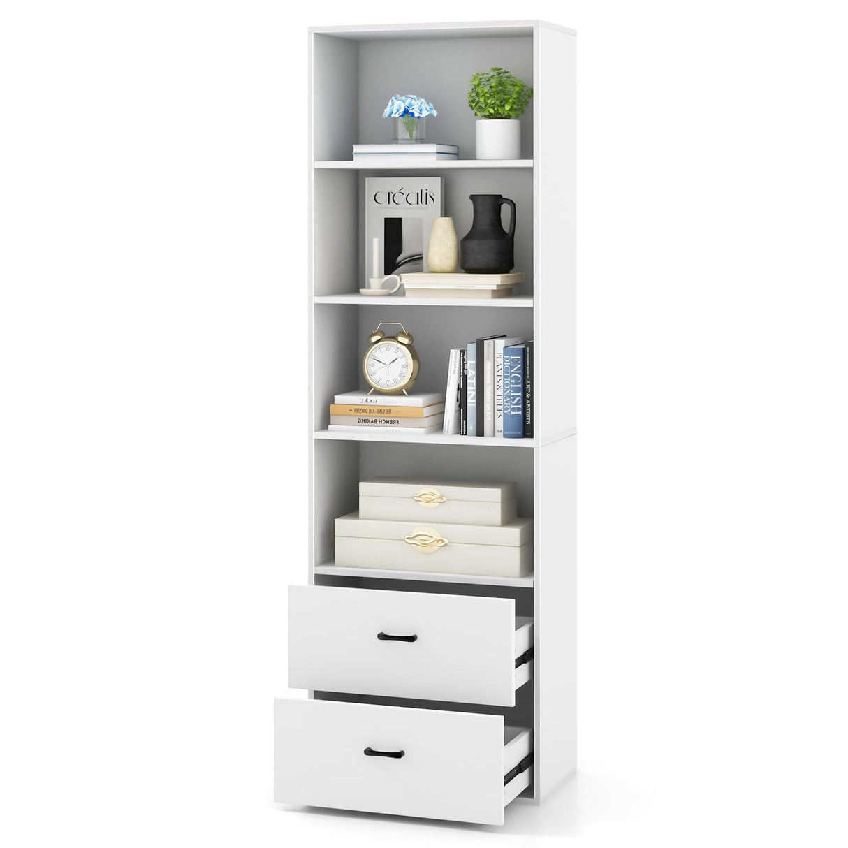 IFANNY 4 Shelf Bookcase with Drawers, Tall Bookshelves and Bookcases, Vertical Bookshelf Tower, Wood Storage Shelves, Modern Book Shelf for Bedroom, Living Room, Home Office (White, 74''H) IFANNY