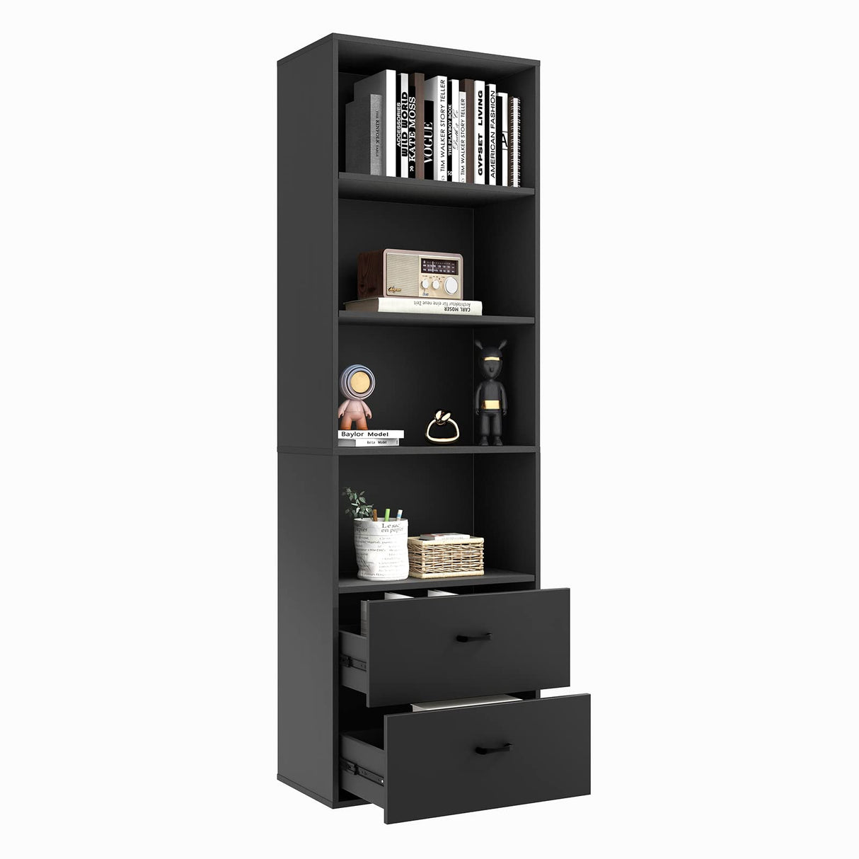 IFANNY 4 Shelf Bookcase with Drawers, Tall Bookshelves and Bookcases, Vertical Bookshelf Tower, Wood Storage Shelves, Modern Book Shelf for Bedroom, Living Room, Home Office (Black) IFANNY
