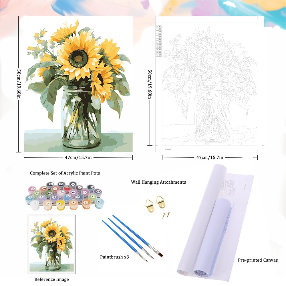 Natuyalo Paint by Numbers Kit for Adults Beginners and Kids, 16" Wx20 L Canvas Pictures Drawing Acrylic Paintwork with 3 Pcs Paintbrushes, Sunflowers in a Vase Natuyalo