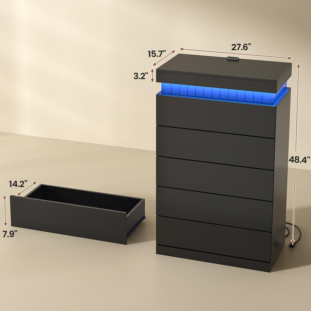 UPOSOJA Tall Black Dresser for Bedroom, Modern 5 Wood Drawers with LED Light and Power Outlet, Floating Dressers for Closet, Large Chest of Drawer for Living Room, Hallway, Entryway UPOSOJA