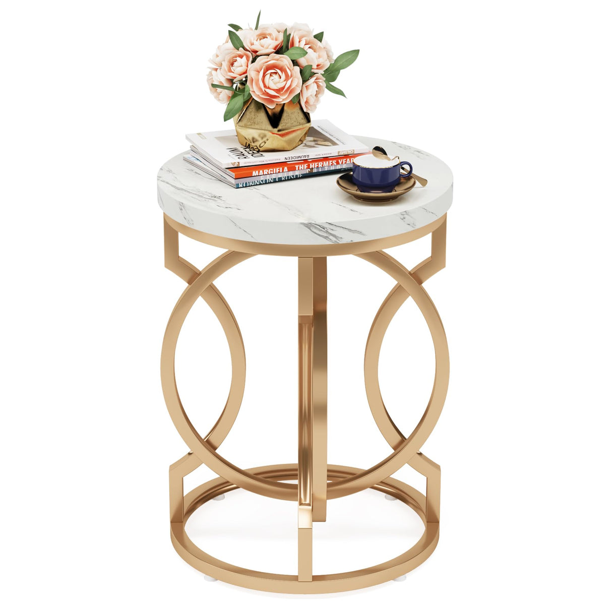Tribesigns Round End Table, Multifunctional Accent Table Small Side Table for Living Room, Modern White Gold Nightstand with Faux Marble Tabletop, Bedside Table for Bedroom (1 PC) Tribesigns
