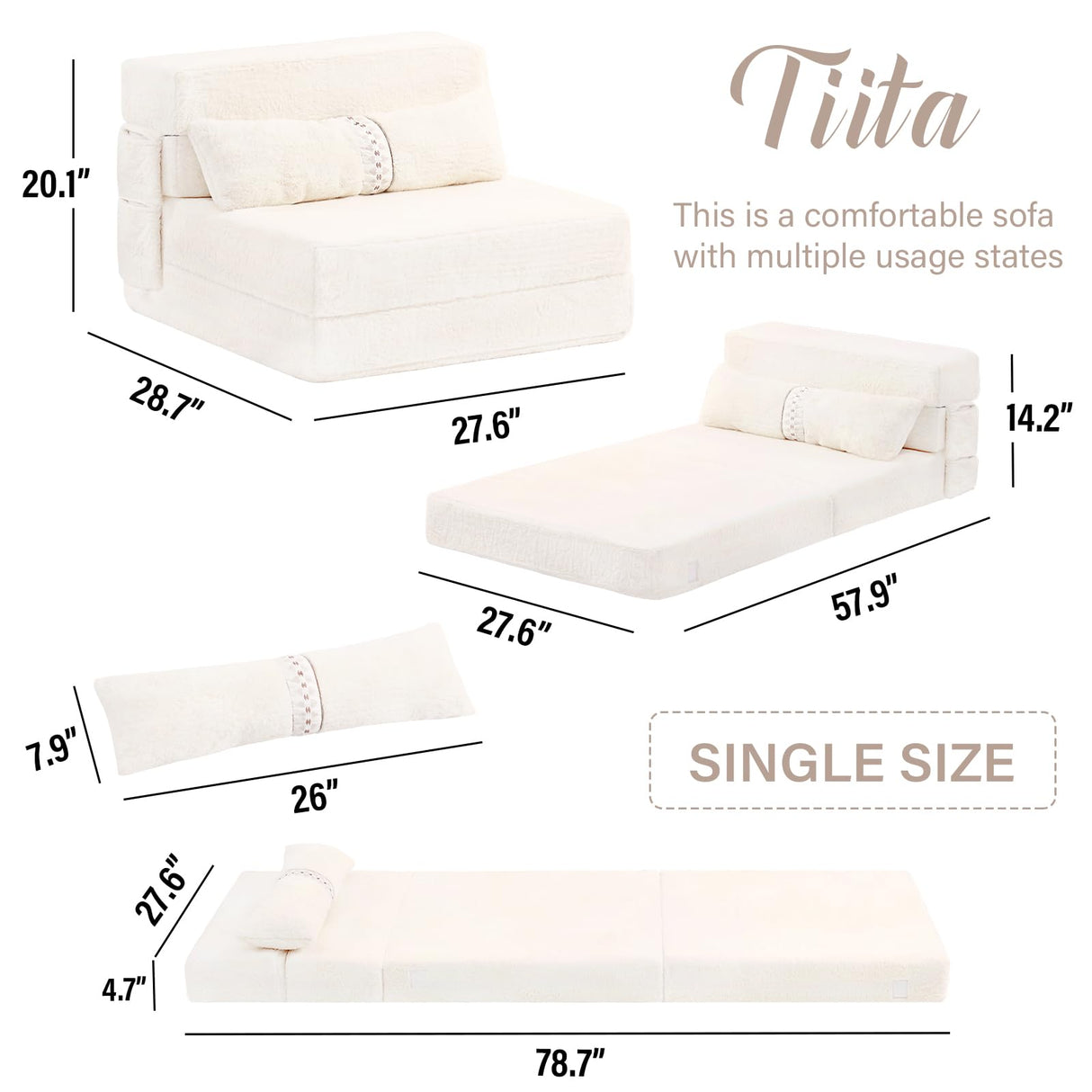 Tiita Folding Sofa Bed Couch,Single Size Foldable Futon Chair Bed with Pillow, Folding Sleeper Sofa Chair Bed Floor Mattress for Guest Room, Living Room, Beige Tiita