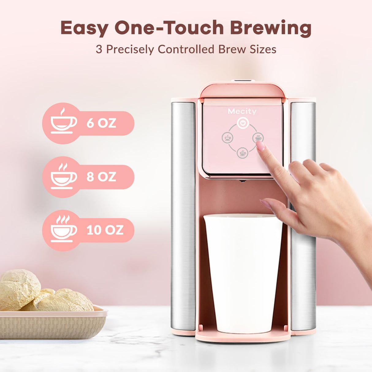 Mecity Pink Coffee Maker 3-in-1 Single Serve Coffee Machine, For Flat Bottom Coffee Capsule, Ground Coffee, 6 to 10 Ounce Cup, Removable 50 Oz Water Reservoir, 120V 1150W Mecity