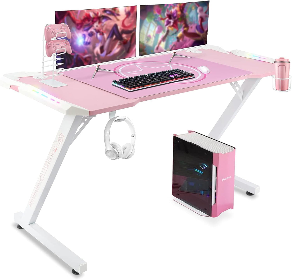 YOUTHUP Pink Gaming Desk with LED Lights, 55" Z Shaped RGB Gaming Computer Table, Ergonomic PC Workstation with Remote Control, Cup Holder, Handle Rack, Headphone Hook, Mouse Pad for Home Office Use YOUTHUP