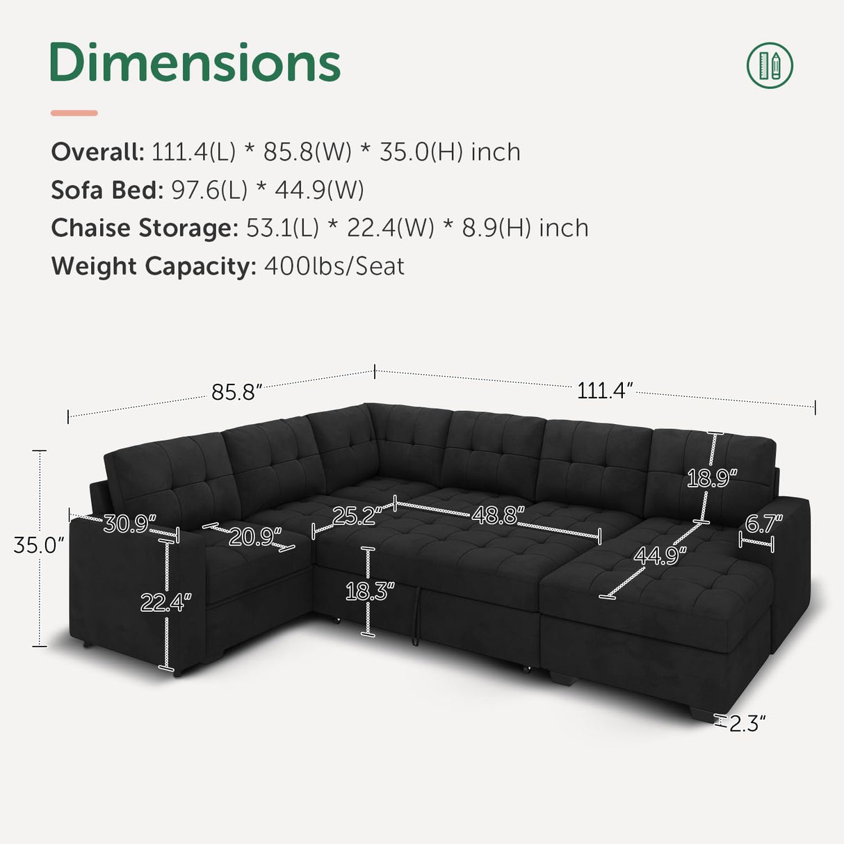 HONBAY Sectional Sleeper Sofa with Pull Out Bed, Sleeper Sectional Couch for Living Room, Sleeper Sofa Bed with Storage Chaise, Velvet Black HONBAY