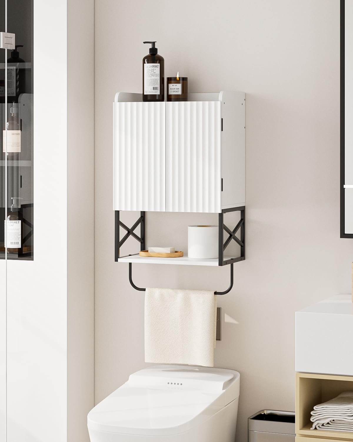 Masupu Fluted Bathroom Wall Cabinet, Small Hanging Bathroom Cabinet with Adjustable Shelf and Magnetic Latch Doors, Wood Wall Mounted Cabinets for Laundry, White Masupu