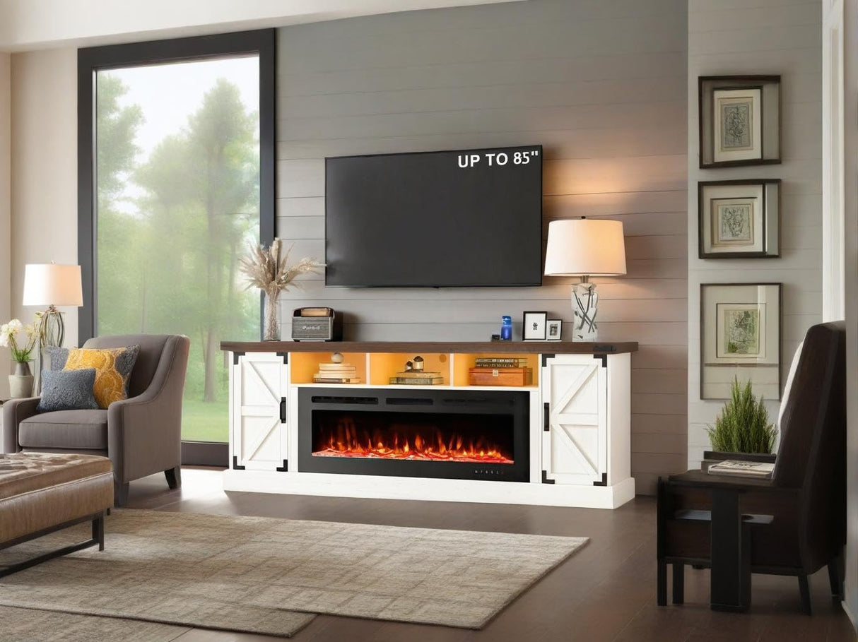 77" Fireplace TV Stand for 85 Inch TV, 50'' Electric Fireplace, Power Outlet, LED Farmhouse Media Entertainment Center Console Table for Living Room, White JassmiPkwy