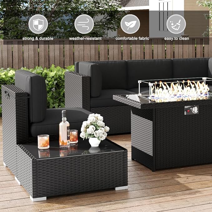 LayinSun 8 Pieces Patio Furniture Set with Fire Pit Table, Black Rattan Modular Sectional Patio Conversation Sofa Set LayinSun