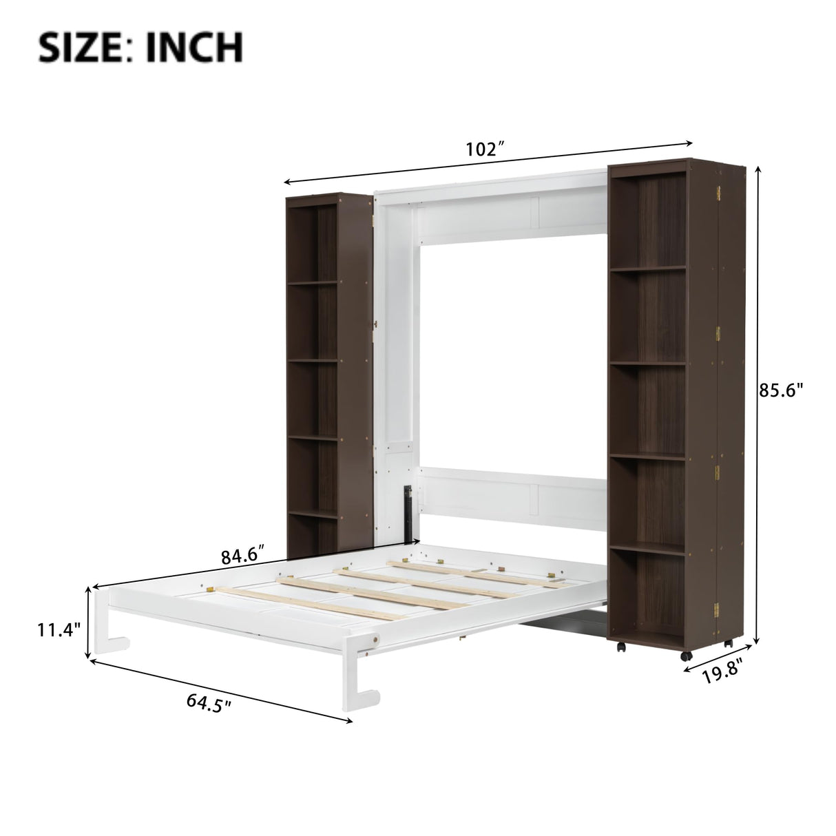 Foldable Hidden Queen Murphy Bed Cabinet with Storage Bookshelf Bookcase, Wood White Murphy Wall Bed with Storage Shelves for Adults (Espresso) MERITLINE