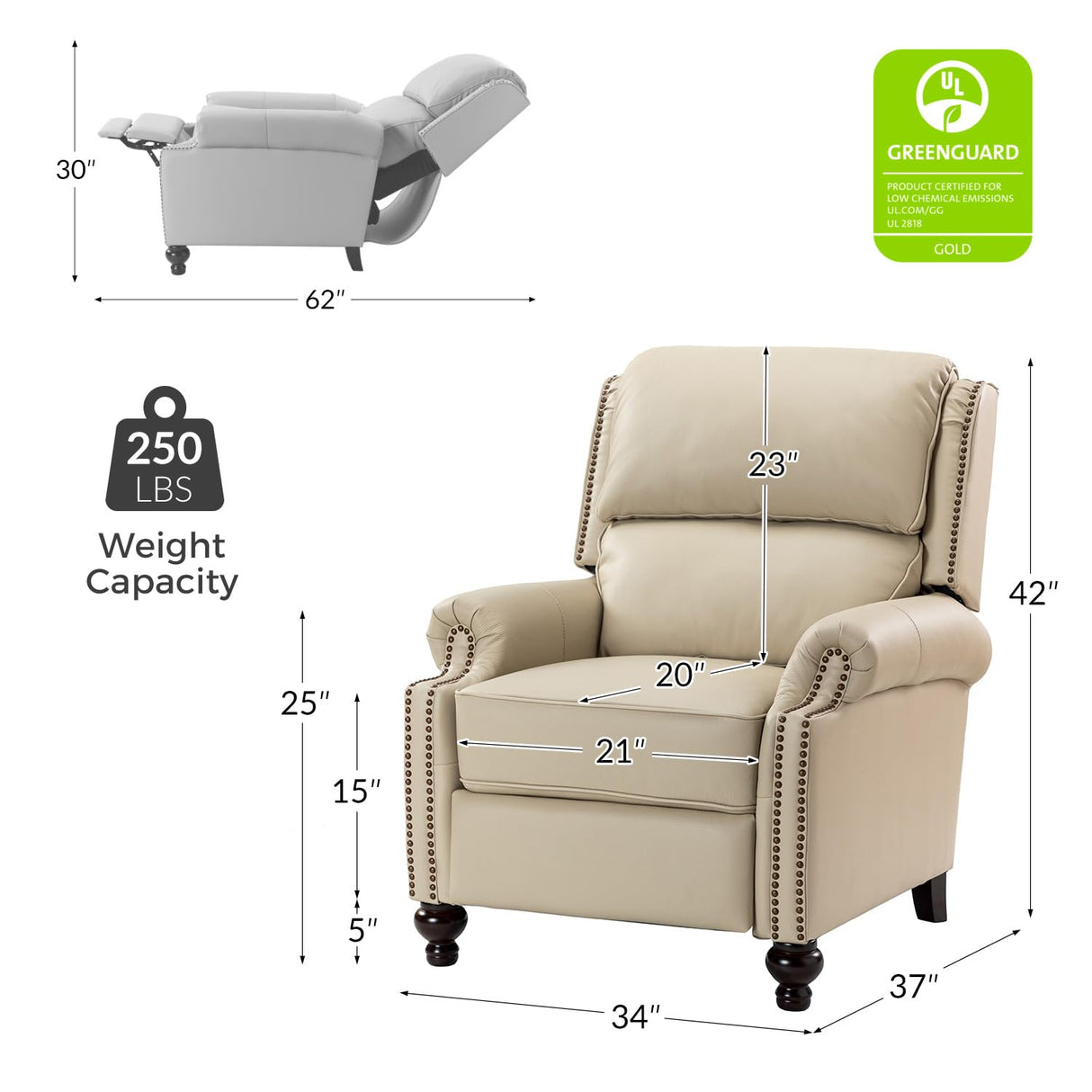 HULALA HOME Genuine Leather Recliner Chair, Classic and Traditional Push Back Recliner Chair for Living Room, Adjustable Leather Cigar Reclining Vintage with Nail Head Trim,Beige-S2 HULALA HOME