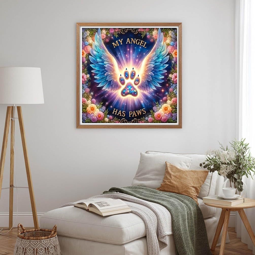 MOMDEDP 5D Angel Diamond Painting Kits for Adults, Angel Wings Flowers Diamond Art Kit for Beginners, Angel Paws DIY Full Round Diamond Art Craft Kits for Adult for Wall Decor 12x12 Inch MOMDEDP