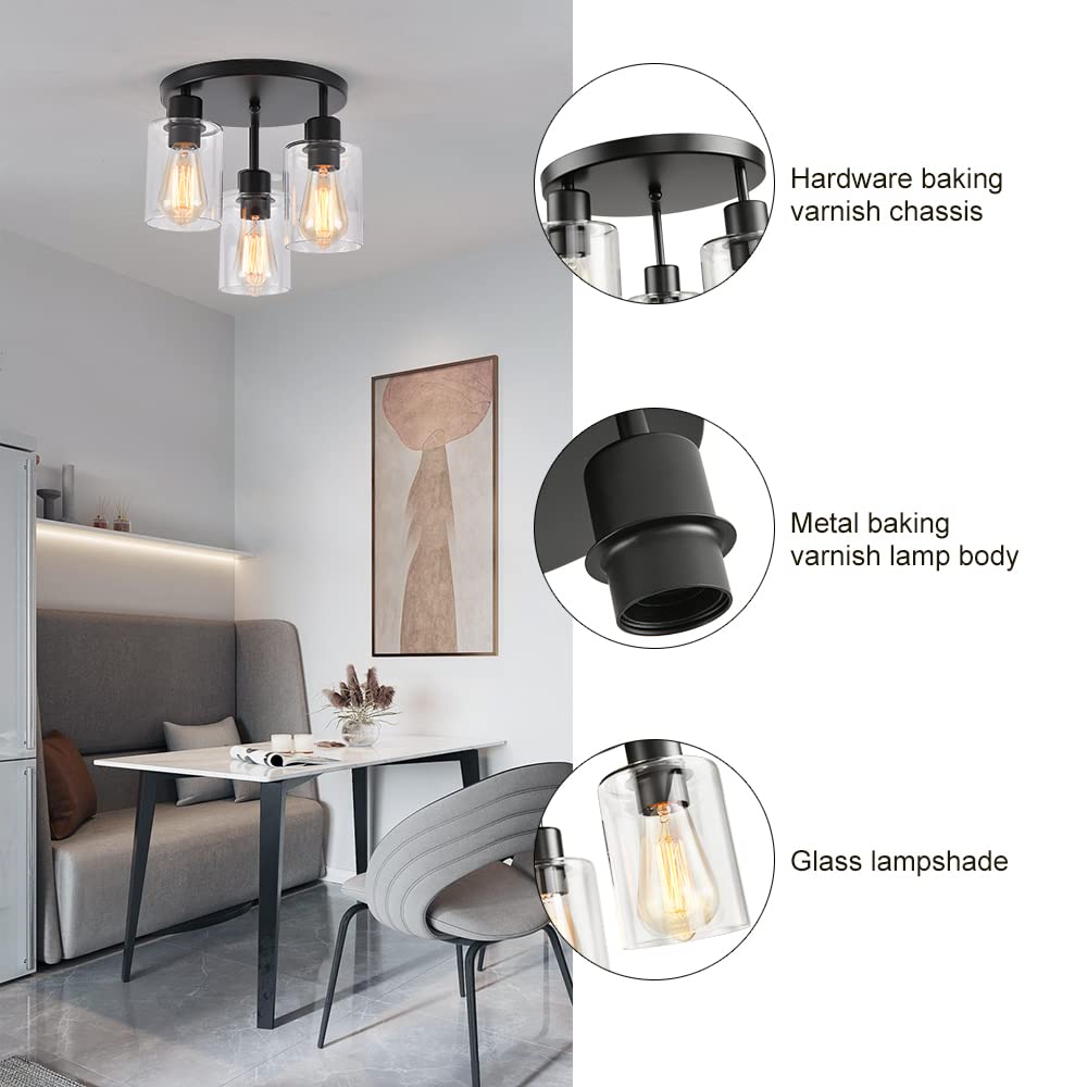 IHENGYANLT 3-Light Industrial Farmhouse Black Matte Light Fixtures Ceiling Mount, with Clear Glass Shades Semi Flush Mount Ceiling Light, for Hallway Fixtures Kitchen, Foyer IHENGYANLT