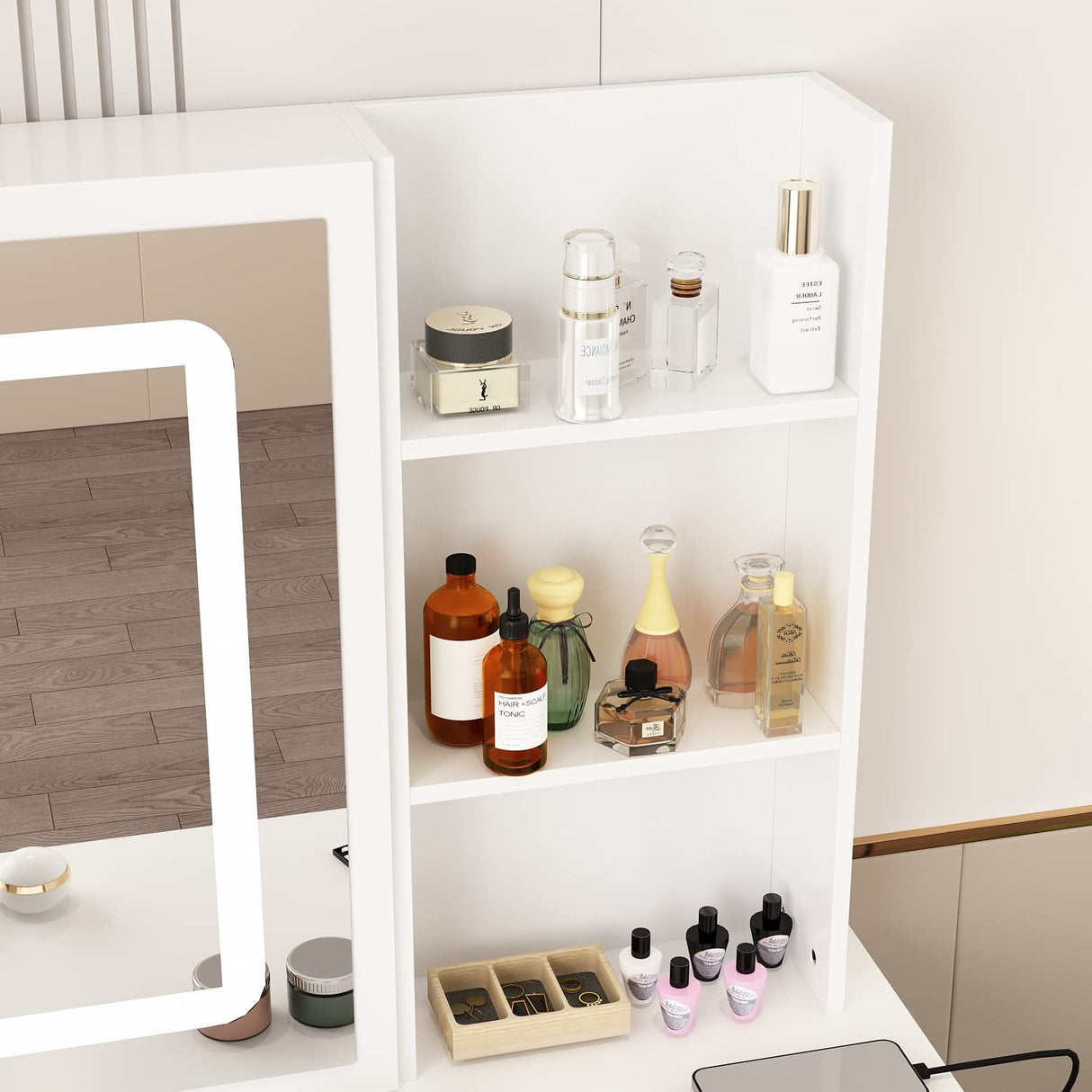 AIEGLE Large Vanity Desk Set with Sliding Lighted Mirror & Build-in Power Strip, 3 Colors LED Lighted Makeup Vanity Drawer Dressing Table with Hair Dryer Rack & Cushioned Stool, White - Power Strip AIEGLE