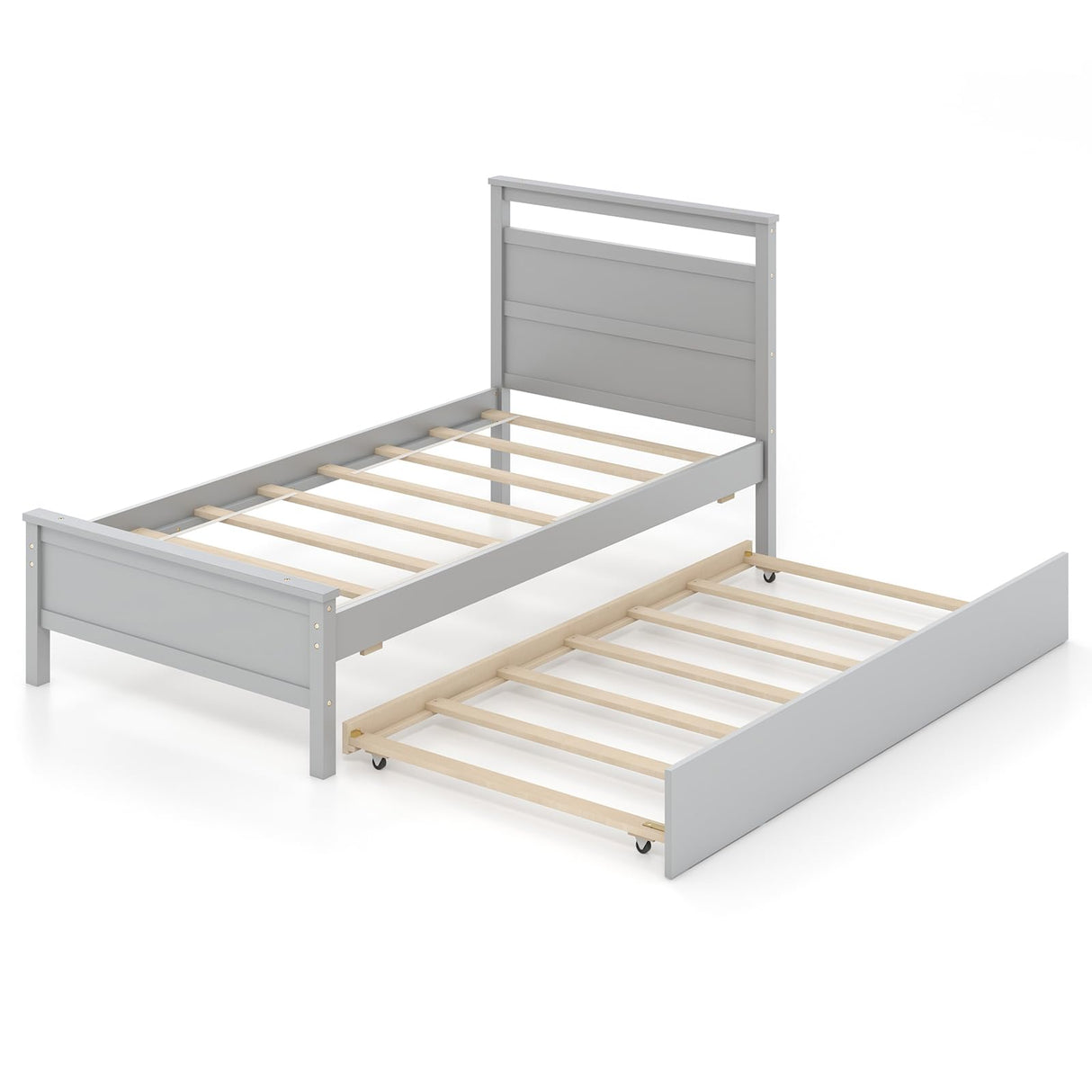 KOMFOTT Twin Bed Frame with Trundle, Wood Bed Frame with Pull-Out Trundle, Headboard & Footboard, Wooden Slat Support, No Box Spring Needed, Mattress Foundation (Grey) KOMFOTT