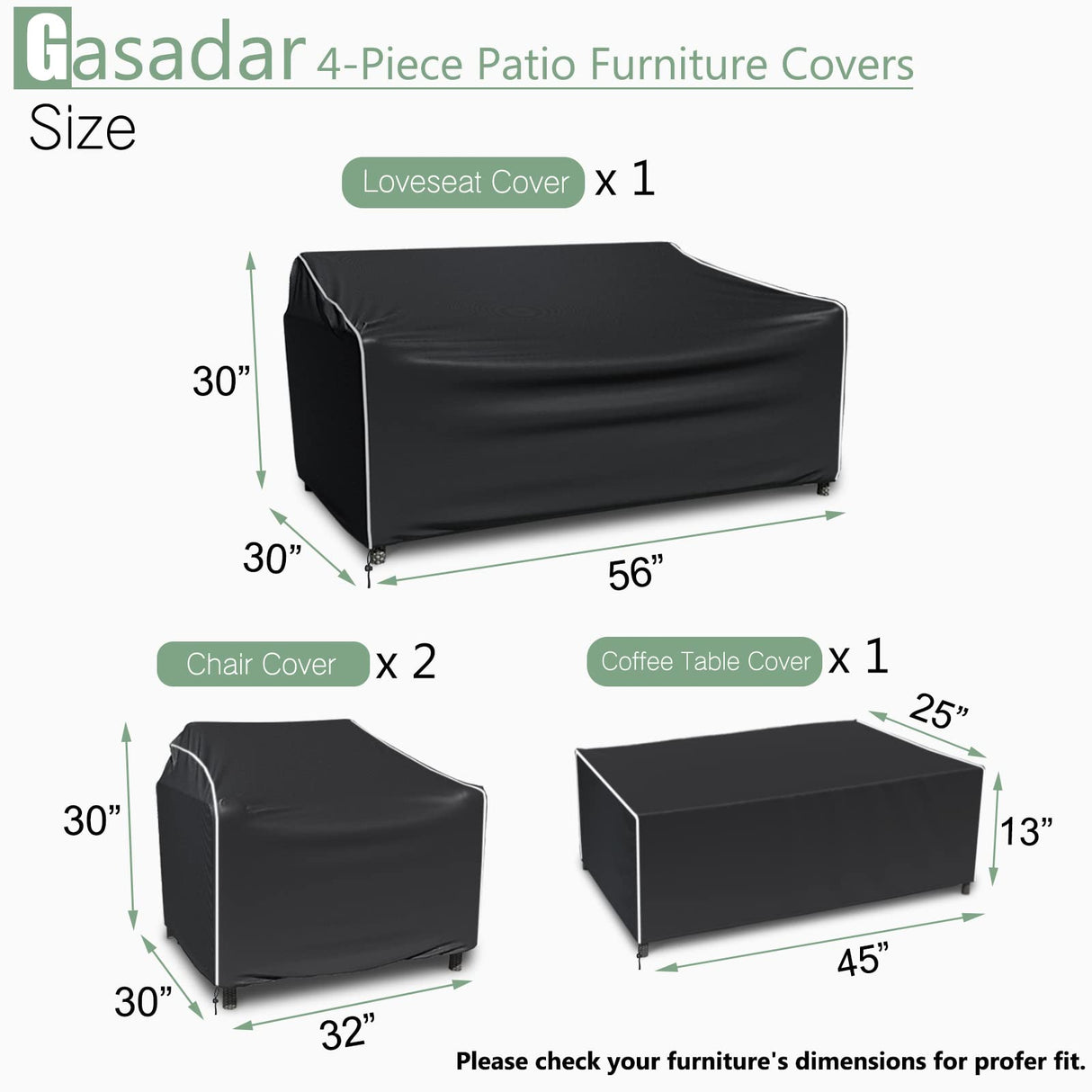 Gasadar Outdoor Furniture Cover Waterproof, 4 Piece Patio Furniture Covers, 600D Patio Furniture Set Covers, Patio Covers includ: Outdoor Loveseat Cover, 2 Chair Covers, Coffee Table Cover -XL -Black Gasadar