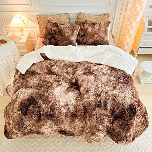 Luxury Faux Fur Shaggy Comforter Set Full/Queen Size, Plush & Sherpa Reversible Comforter Tie Dye Coffee, 3 Pieces Fluffy Fuzzy Bedding Set Ultra Soft and Warm for Winter (1 Comforter + 2 Pillowcases) Flysheep