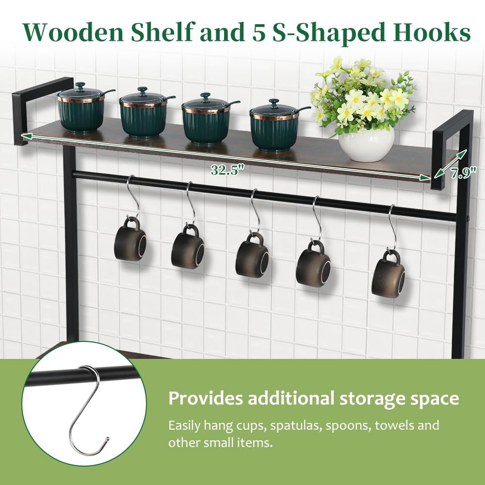 AGESISI 4-Tier Mini Fridge Cabinet Microwave Stand with Storage, 22.8"D x 35"W x 60.9"H Bakers Rack Shelf with 5 S-Shaped Hooks, Freestanding Coffee Bar Organizer for Kitchen Dorm Home, Rustic Brown AGESISI