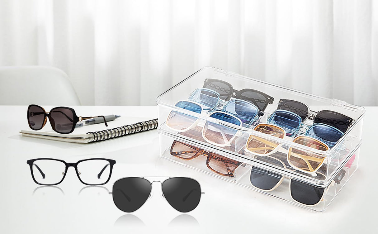 Yiktop Acrylic Eyeglass Organizer, Stackable Sunglasses Case Storage Organizer with Lid - 2 Pack Yiktop