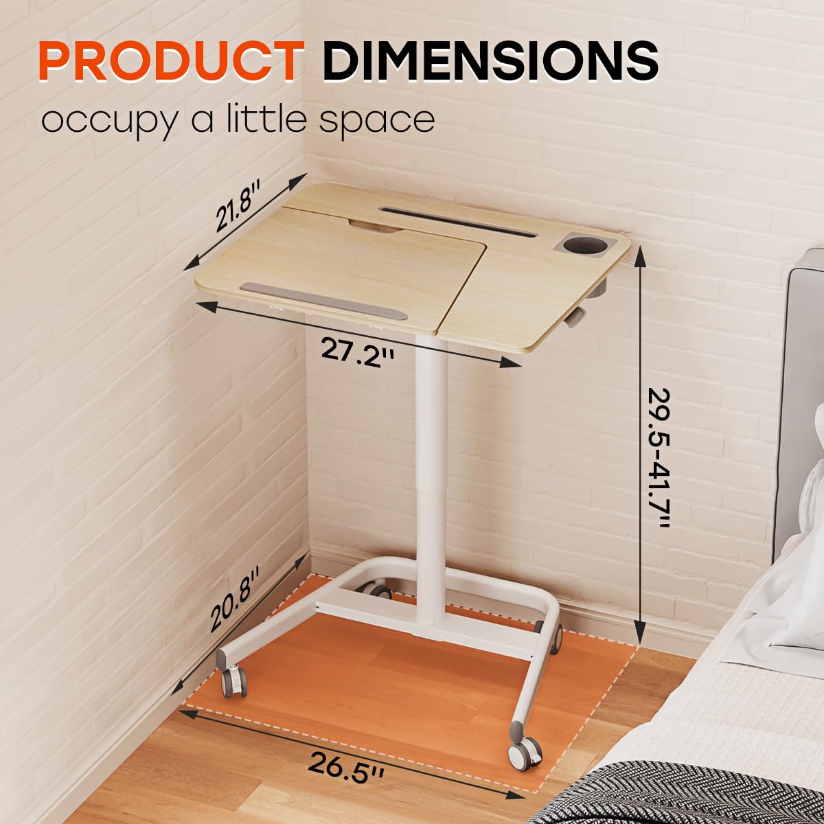 JOY worker Mobile Standing Desk, Pneumatic Height Adjustable Table, 60° Tiltable Rolling Laptop Desk, Portable Sit Stand Desk with Wheels Cup Holder JOY worker