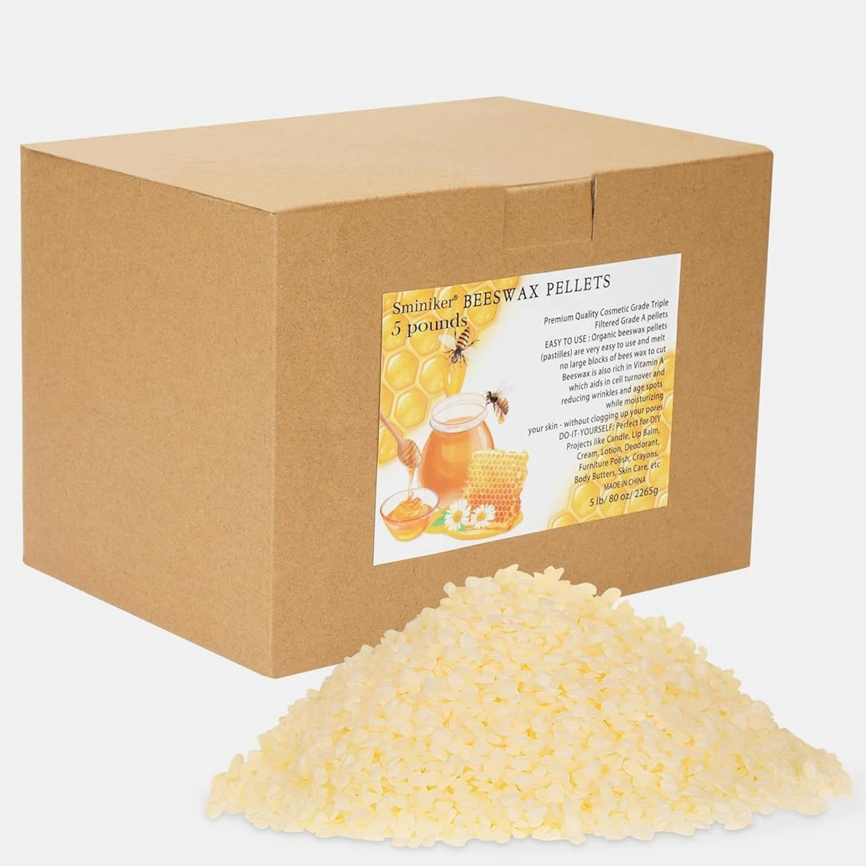 5LB Beeswax Pellets Beeswax for Candle Making Beeswax Pellets for Skin Beeswax Beads Beeswax Bulk Beeswax for Lotion Making for DIY and Craft Project SMINIKER