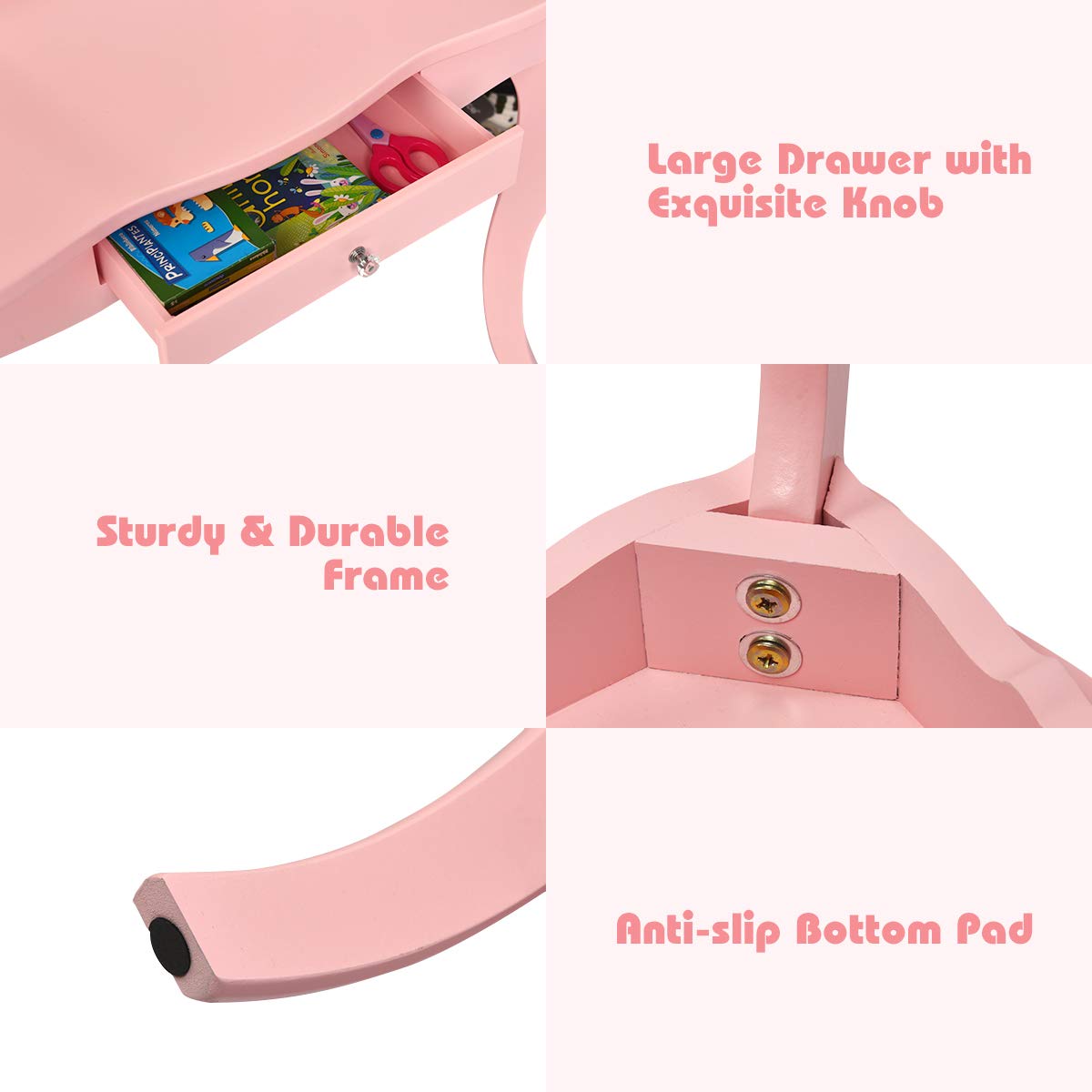 Costzon Kids Wooden Vanity Table & Stool Set, 2 in 1 Detachable Design with Dressing Table and Writing Desk, Princess Makeup Dressing Table with Two 180° Folding Mirror, for Girls, Kids (Pink) Costzon