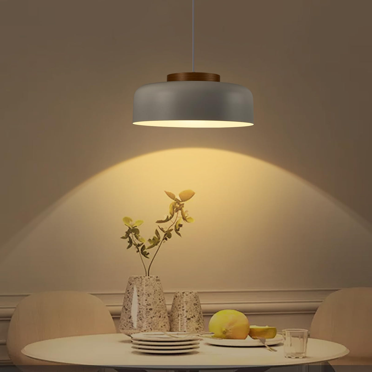 HUAWIYA Modern Pendant Lighting, 17.7 inch,Natural Wood Cap, Drum Simple Large Pendant Light Fixture Chadelier for Dining Table, Kitchen Island, Matte White HUAWIYA