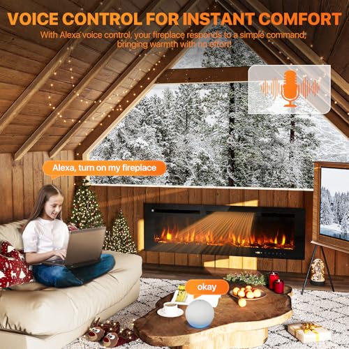 OneBlis 60” Smart Electric Fireplace Heater, Wide Recessed/Wall Mounted Electric Fireplace, Remote Control with Timer, 12 Adjustable Color Flame, Log Set & with Crystal Stone, 750/1500W OneBlis