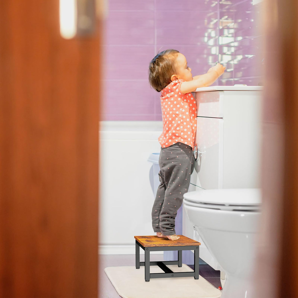 IBUYKE One Step Wooden Step Stools for Adults Kids, Heavy Duty Bedside Step Stool with 500 Lbs Capacity, Non-Slip Stepping Foot Stool for Bedroom Livingroom Bathroom Kitchen, Rustic Brown TBD001H IBUYKE