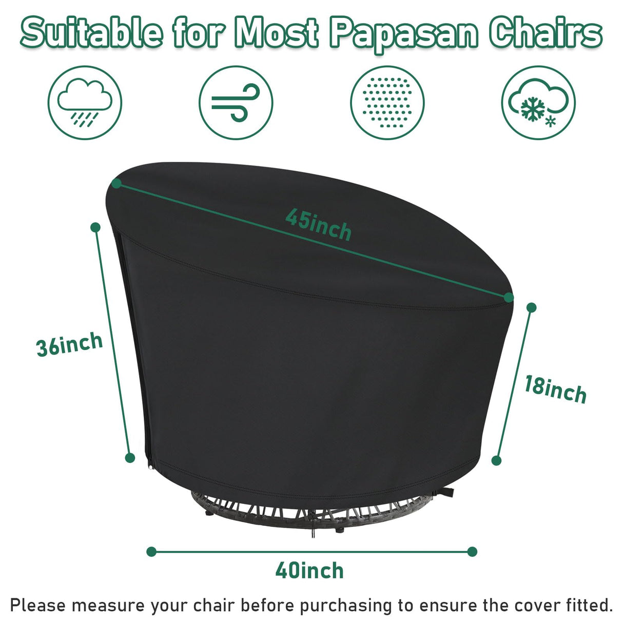 Iptienda Papasan Chair Cover, 40inch Waterproof Egg Chair Cover with Zipper for Wicker Oversized Papasan Chair/Bowl Chair, Black-40"W x 40"D x 36"H Iptienda