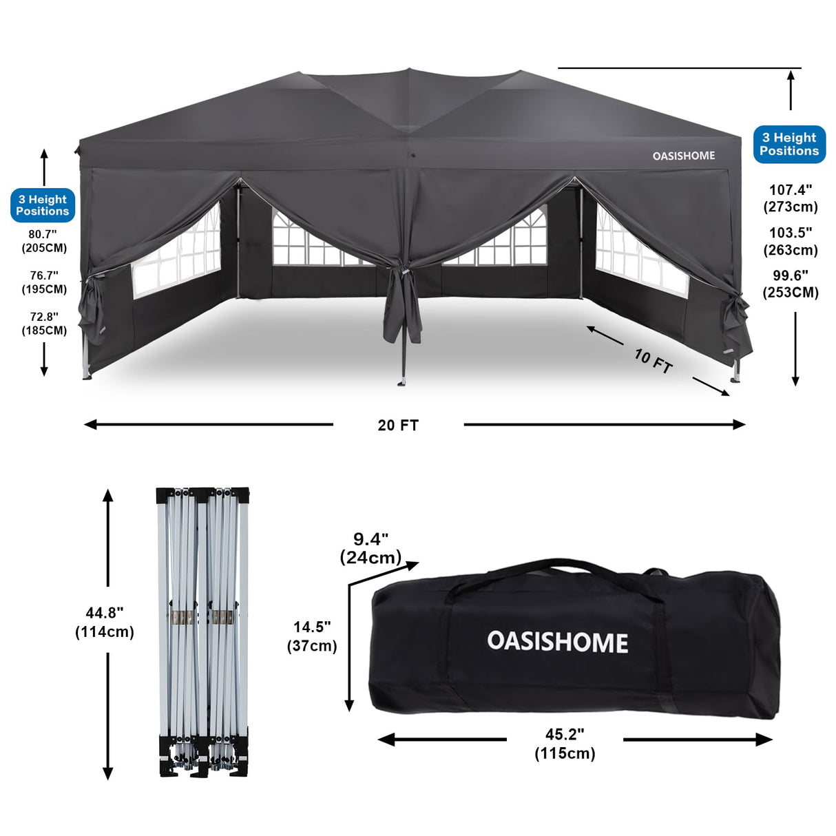 OASISHOME Pop-up Gazebo Instant Portable Canopy Tent 10'x20', with 6 Removable Sidewalls, Windows, Stakes, Ropes, Carrying Bag, for Patio/Outdoor/Wedding Parties and Commercial Events (10x20, Grey) OASISHOME