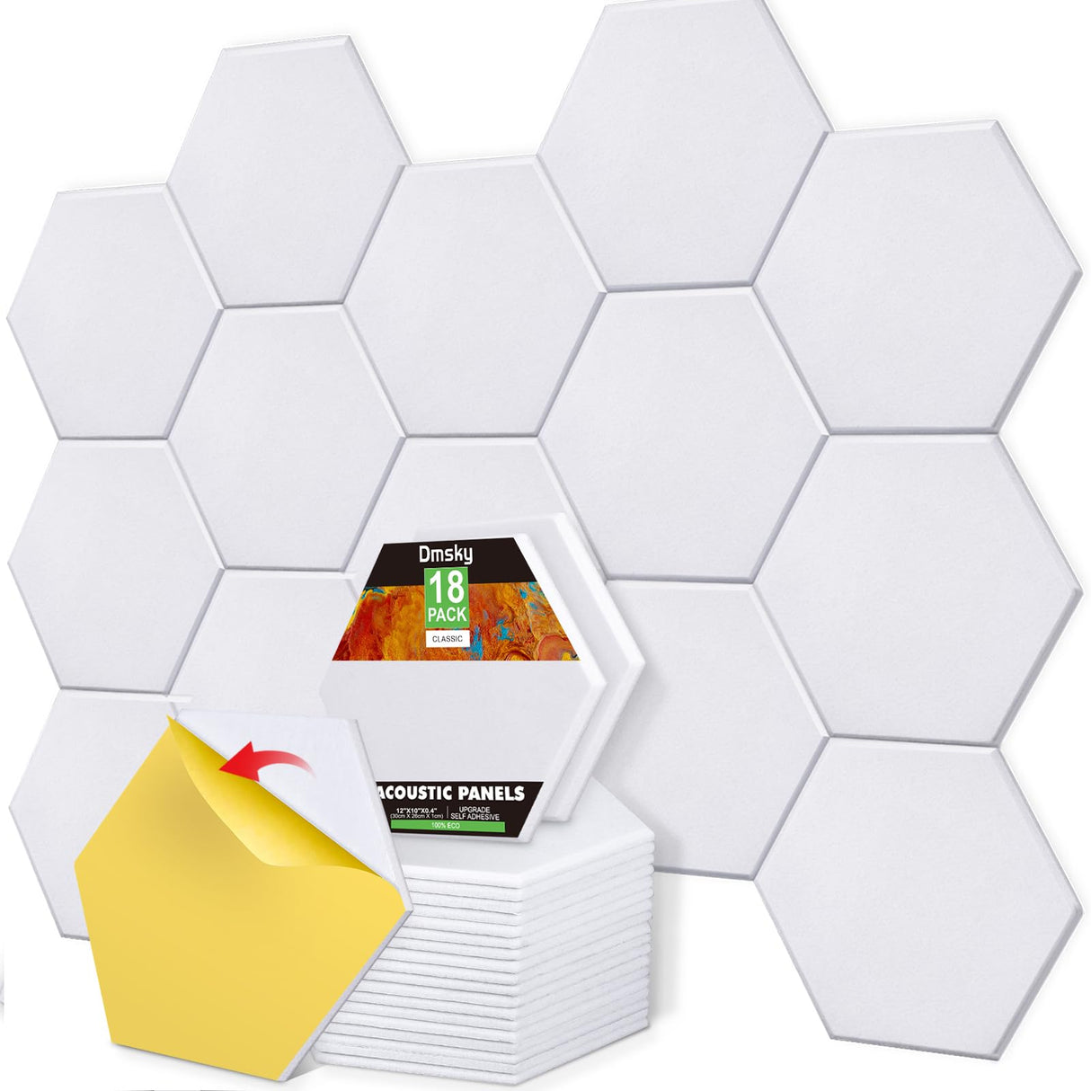 18 Pack Self-adhesive Acoustic Panels Soundproof Wall Panels 12"X10"X 0.4" Sound Absorbing Panel for Decoration Sound Deadening Panels Acoustic Treatment Panel For Home Office(White Hexagonal Design) Dmsky