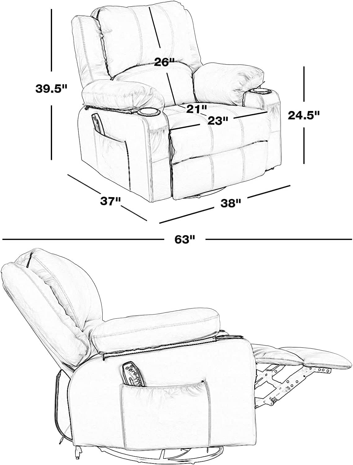 White Recliner Rocker Chairs with Heat,Massage Chair Recliner Leather Swivel Recliners for Living Room, Manual Reclining Lounge Chairs Overstuffed Single Sofa Chair for Adults KCREAM