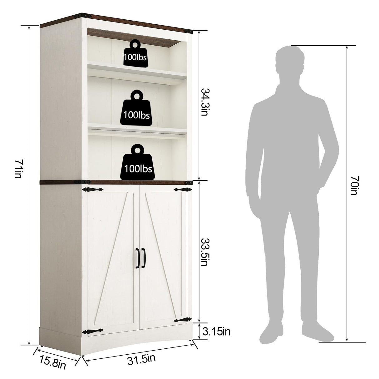 Farmhouse Tall Storage Cabinet with Adjustable Shelves and Barn Doors - 71in White Kitchen Pantry Hlivelood